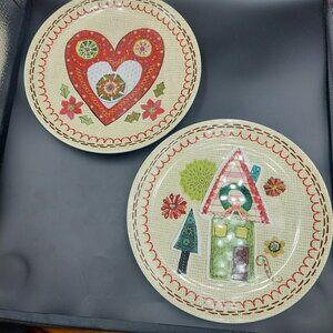 2 Cracker Barrel Homespun Lori Siebert 8" Salad Plates Christmas Heart & House